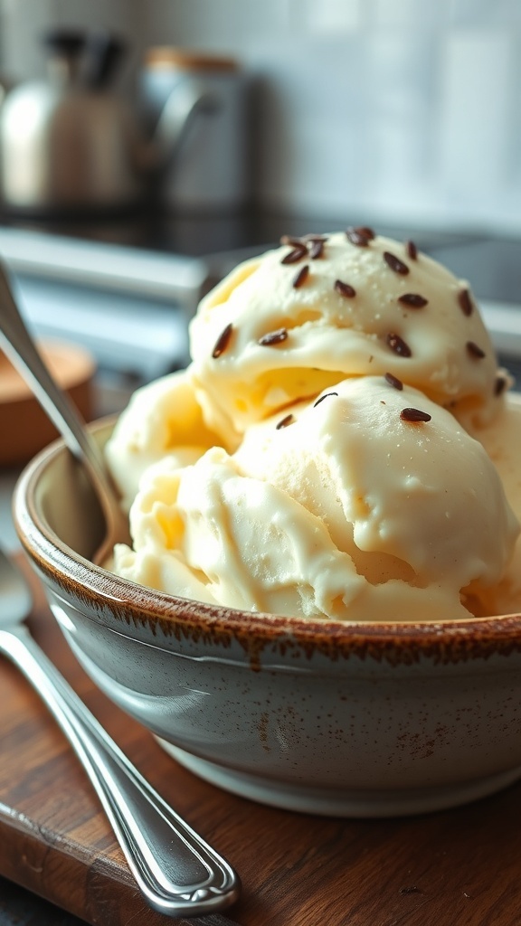 A bowl of creamy vanilla ice cream topped with vanilla bean seeds, with a spoon beside it in a cozy kitchen setting.